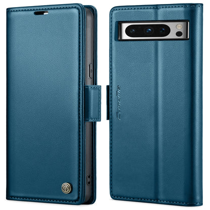 Blue leather flip phone case with magnetic strap and camera window