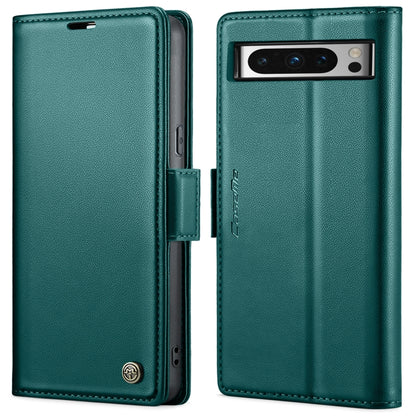 Teal green leather flip phone case with magnetic strap and camera window