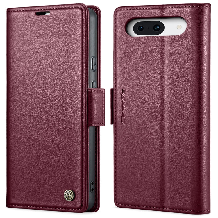 Burgundy leather flip phone case with magnetic strap and camera cutout