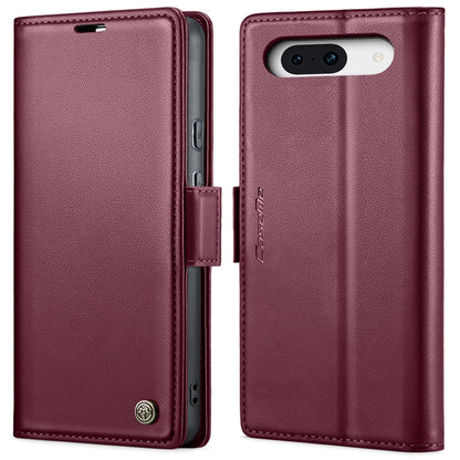 Burgundy leather flip phone case with magnetic strap and camera cutout