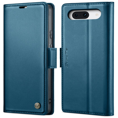 Blue leather flip phone case with magnetic strap and camera cutout