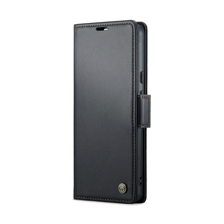 Black litchi-texture leather flip phone case with side buckle and stitched edges