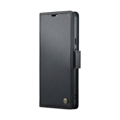 Black litchi-texture leather flip phone case with side buckle and stitched edges
