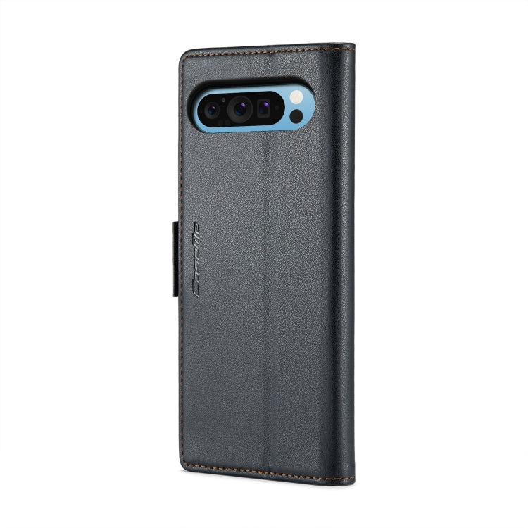 Black litchi-texture leather flip phone case with dual camera cutout and side seam stitching