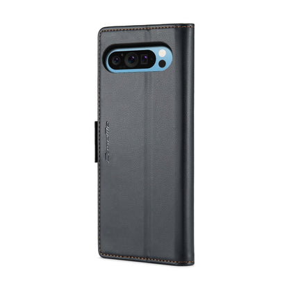 Black litchi-texture leather flip phone case with dual camera cutout and side seam stitching