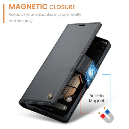 Dark litchi-texture leather flip phone case with stitched border and secure closure tab