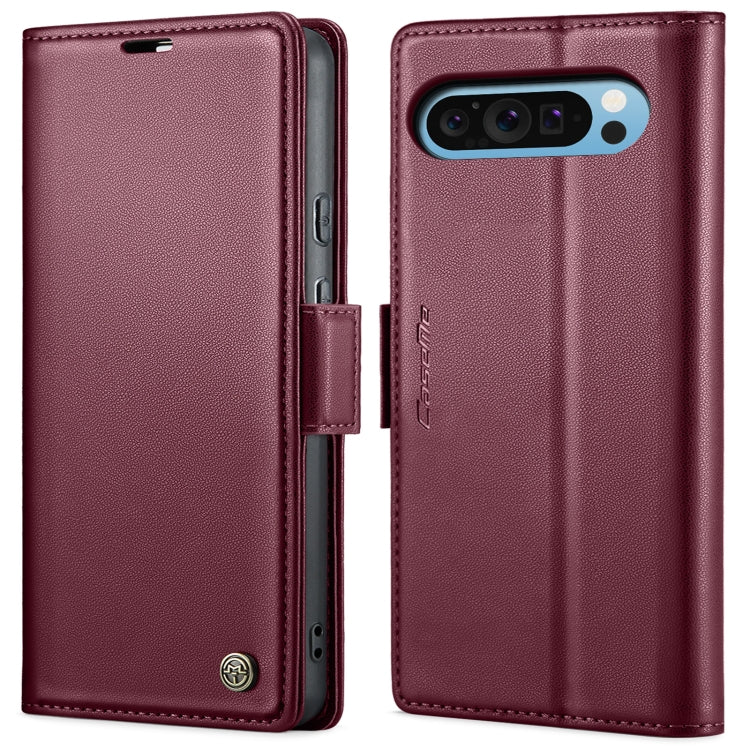 Wine red litchi-texture leather flip phone case with butterfly buckle and camera cutout