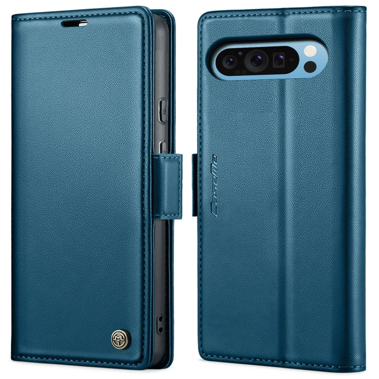 Blue litchi-texture leather flip phone case with butterfly buckle and camera cutout
