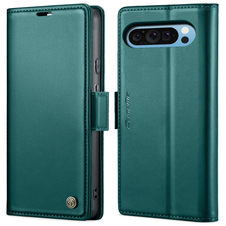 Teal leather folio phone case with front cover and side buckle, camera cutout