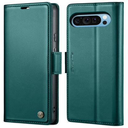 Teal leather folio phone case with front cover and side buckle, camera cutout