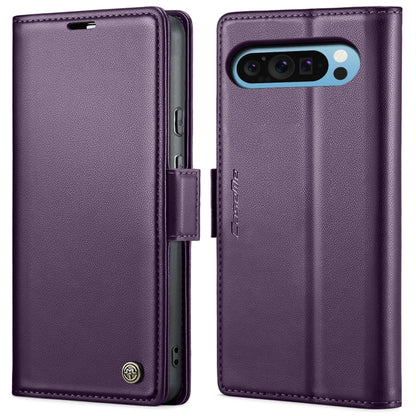 Purple leather folio phone case with front cover and side buckle, camera cutout
