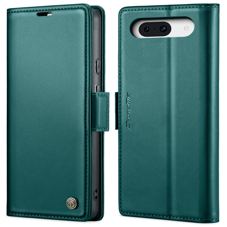Teal leather folio phone case with front cover and side buckle, camera cutout