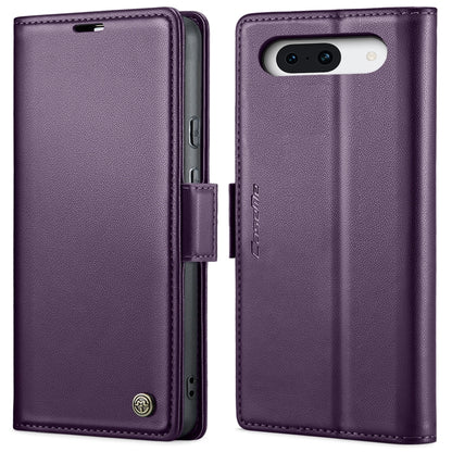 Purple leather folio phone case with front cover and side buckle, camera cutout