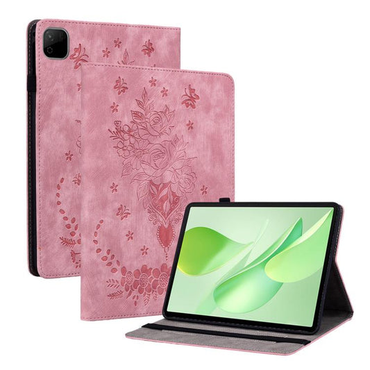 Pink embossed leather tablet case with rose and butterfly floral pattern, front cover stand