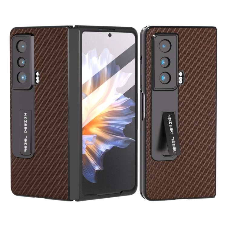 Brown carbon fiber phone case with integrated holder, rugged protective cover