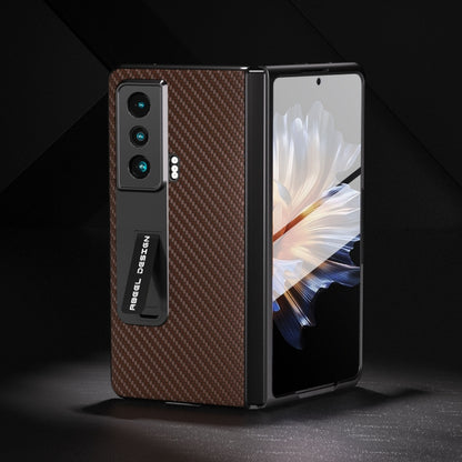 Brown carbon fiber phone case with integrated holder, back and front view