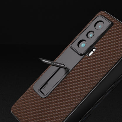 Brown carbon fiber phone case with integrated holder and camera cutouts, angled closeup
