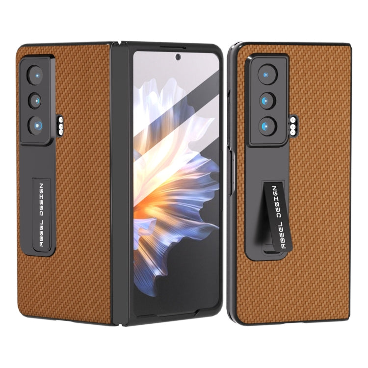 Brown carbon fiber phone case with integrated holder, front and back shown