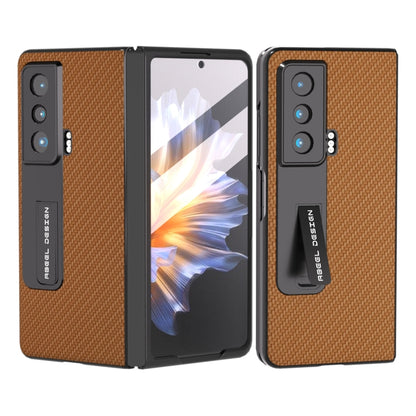 Brown carbon fiber phone case with integrated holder, front and back shown