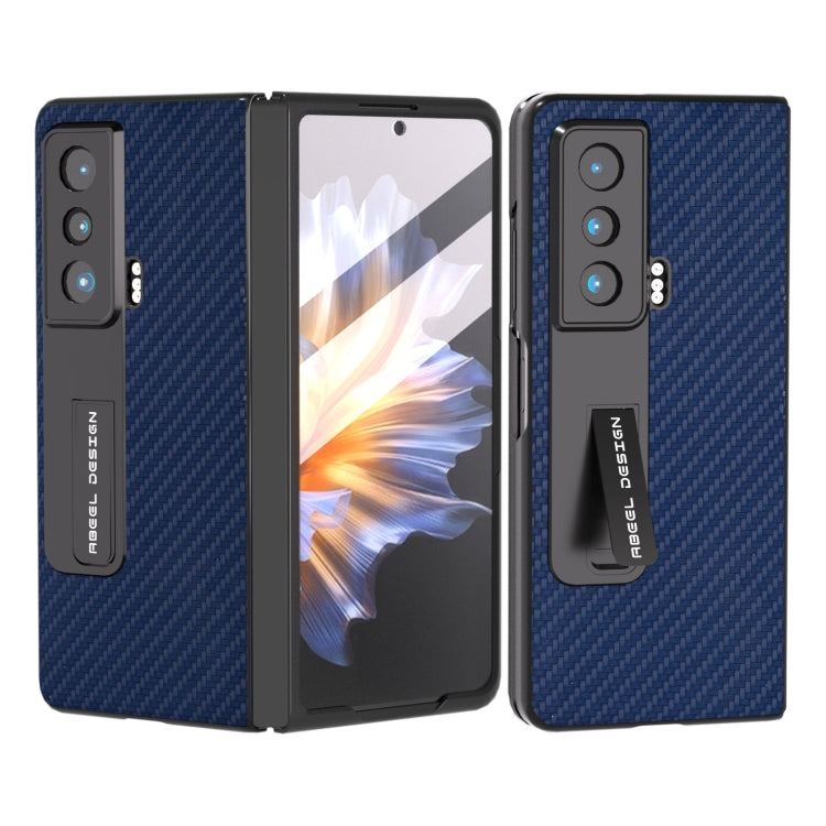 Dark blue carbon fiber phone case with integrated holder, rugged protective cover