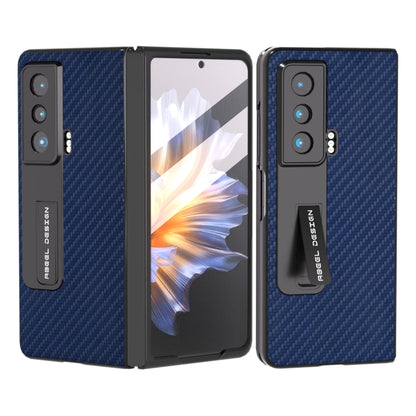 Dark blue carbon fiber phone case with integrated holder, rugged protective cover