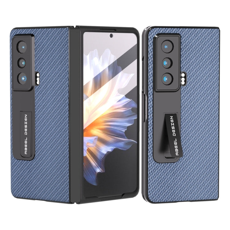Light blue carbon fiber phone case with integrated holder, rugged protective cover