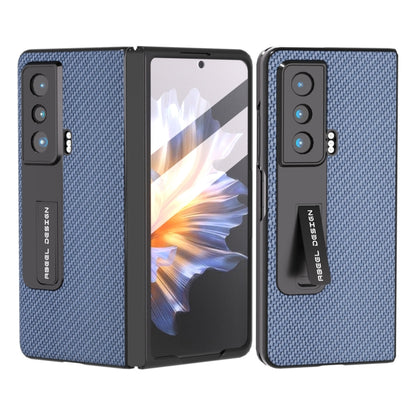 Light blue carbon fiber phone case with integrated holder, rugged protective cover