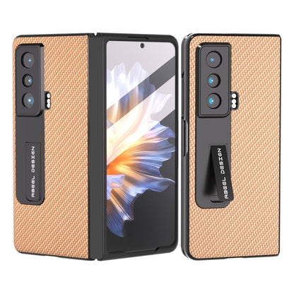 Gold carbon fiber phone case with integrated holder, front and back shown