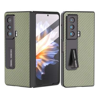Green carbon fiber phone case with integrated holder, rugged protective cover