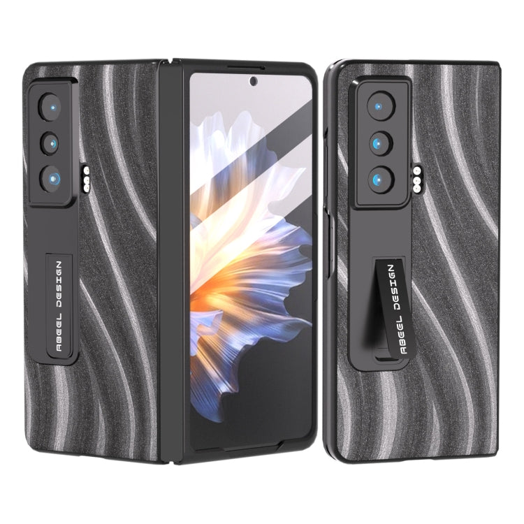 Rugged protective phone case with built-in holder, grey textured design