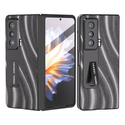 Rugged protective phone case with built-in holder, grey textured design
