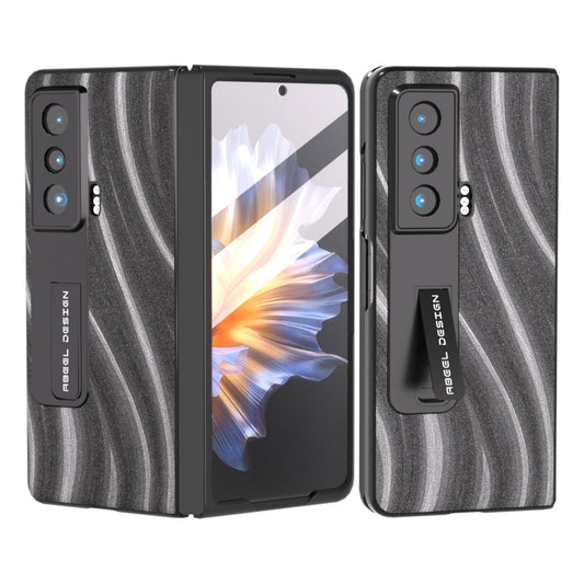 Rugged protective phone case with built-in holder, grey textured design