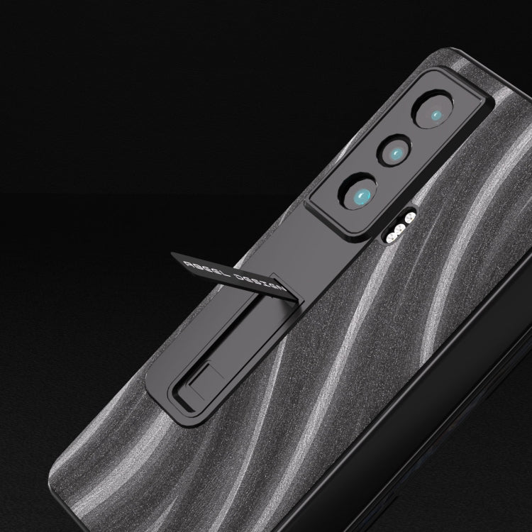 Grey rugged phone case with camera cutouts and sliding holder panel