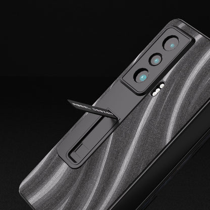 Grey rugged phone case with camera cutouts and sliding holder panel