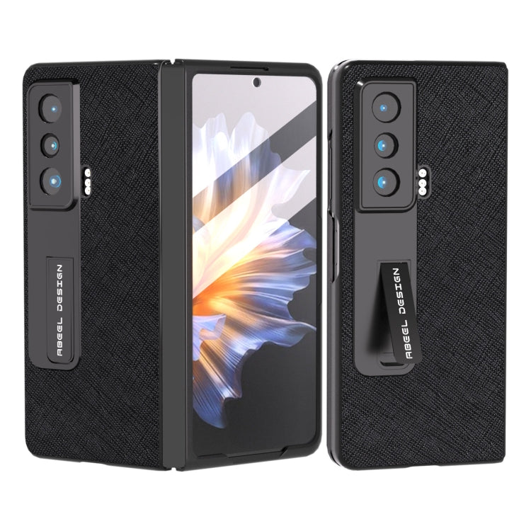 Black genuine leather phone case with built-in holder, textured sides and camera cutouts.