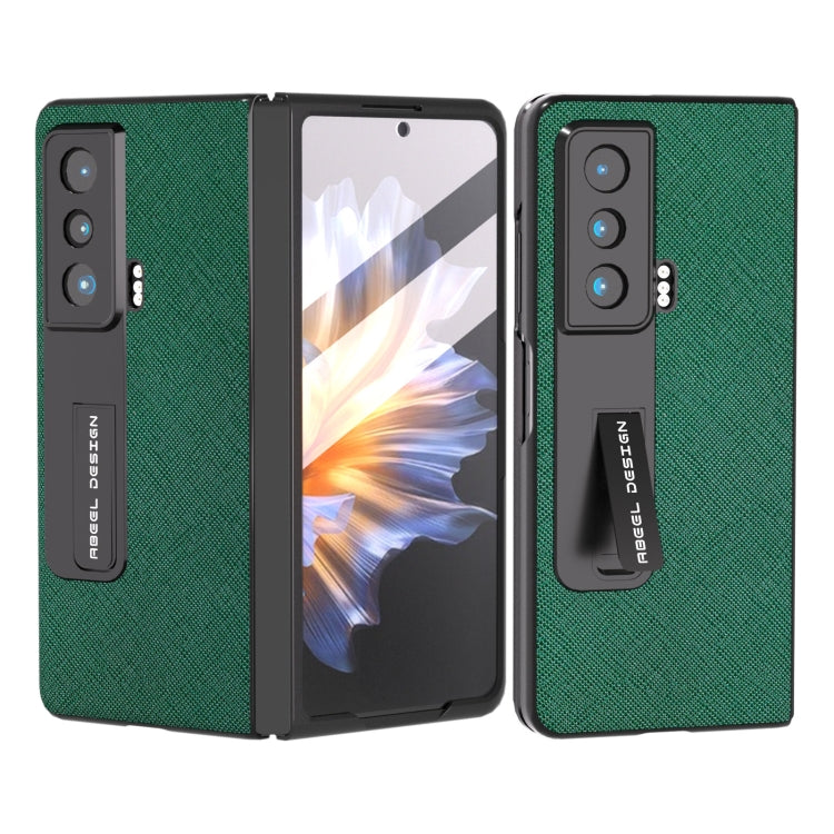 Green genuine leather phone case with built-in holder, textured back and raised camera panel.