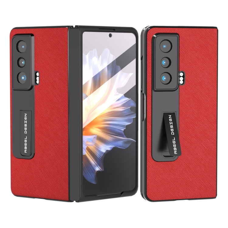 Red genuine leather phone case with built-in holder, textured back and camera cutouts.