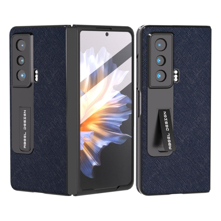 Dark blue genuine leather phone case with camera cutouts and fold-out holder tab