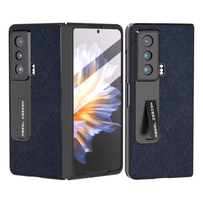 Dark blue genuine leather phone case with camera cutouts and fold-out holder tab