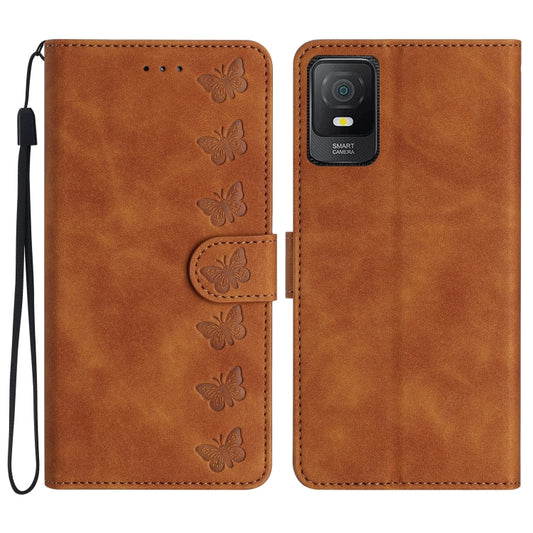 Brown embossed leather phone case with butterfly embossing, wrist strap, card flap