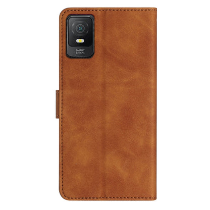 Brown embossed leather phone case with camera cutout and stitched edges, back view
