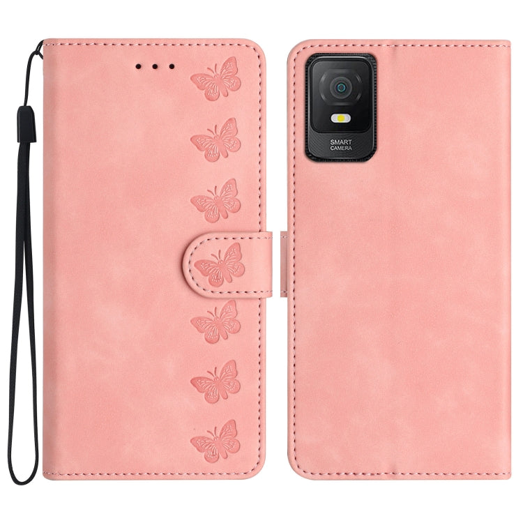 Pink embossed leather phone case with butterfly pattern, wrist strap, front and back