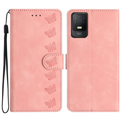 Pink embossed leather phone case with butterfly pattern, wrist strap, front and back