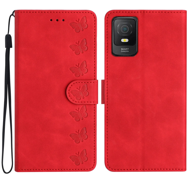 Red embossed leather phone wallet case with butterfly design and wrist strap