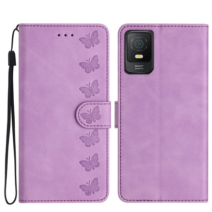 Purple embossed leather phone wallet case with butterfly design and wrist strap