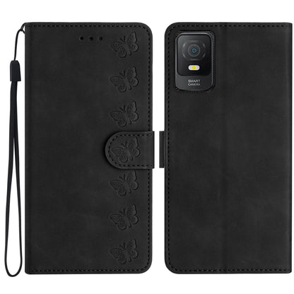 Black embossed leather phone wallet case with butterfly design and wrist strap