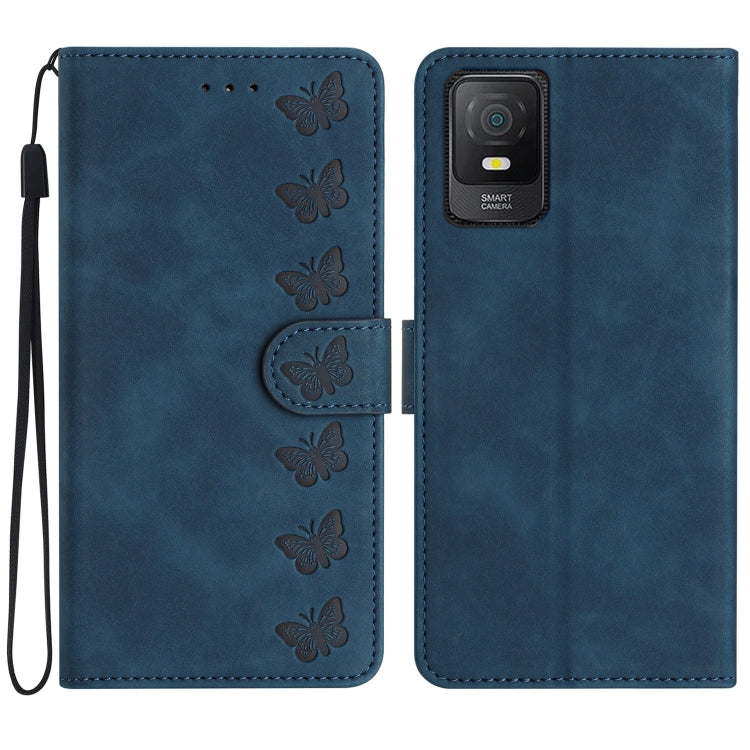 Blue embossed leather phone wallet case with butterfly design and wrist strap