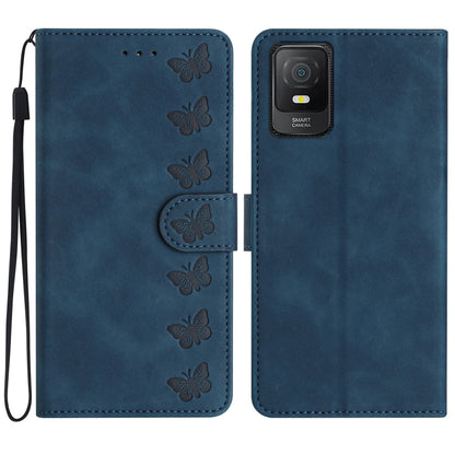 Blue embossed leather phone wallet case with butterfly design and wrist strap