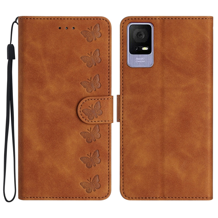 Brown embossed leather phone case, butterfly embossing, wrist lanyard, front/back