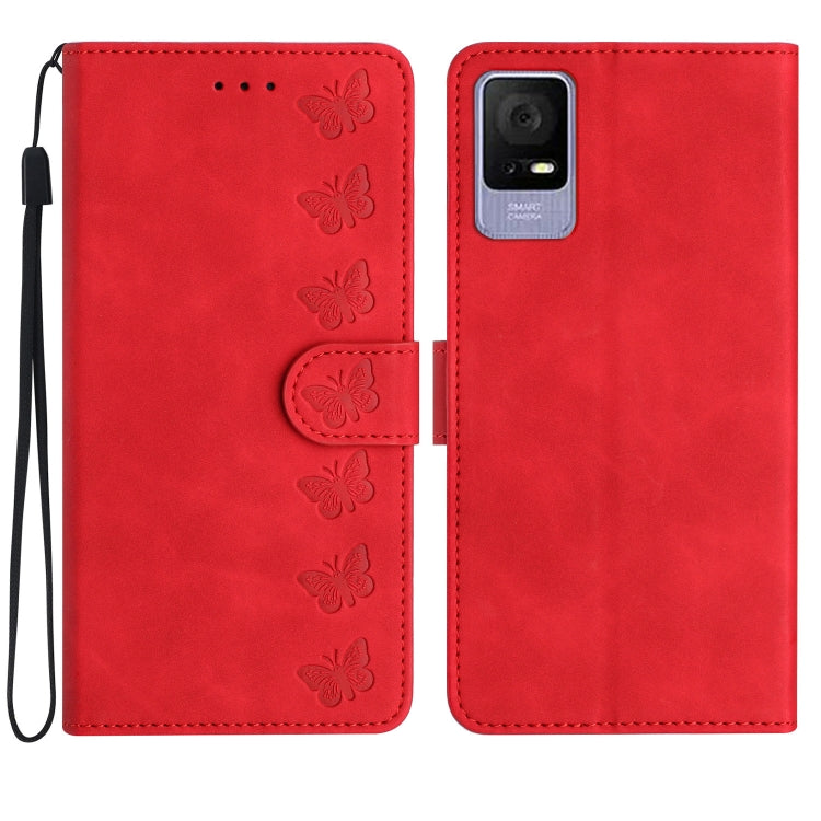 Red embossed leather phone wallet case with butterfly embossing, camera cutout, strap
